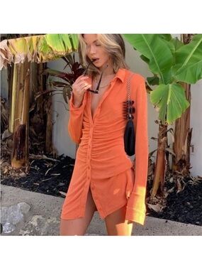 With Jean Ruched Button-Front Coral Orange Shirt Dress-S